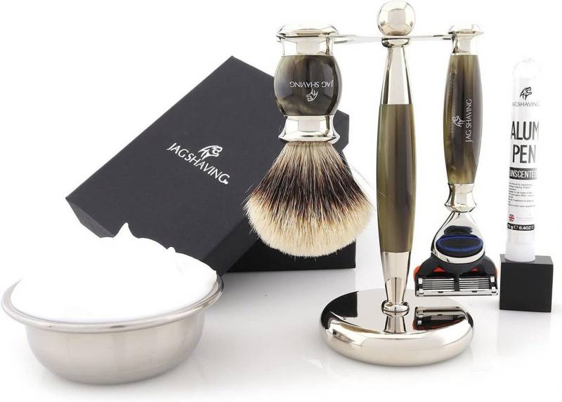 JAG SHAVING Rasierset ideal für den persönlichen oder gewerblichen Gebrauch PremiumRasierset, 5-tlg., Fusion-Rasiermesser, Silberspitz-Rasierpinsel, Rasierschale, Doppelständer, Alaunstab Komplettes Rasierset von JAG SHAVING