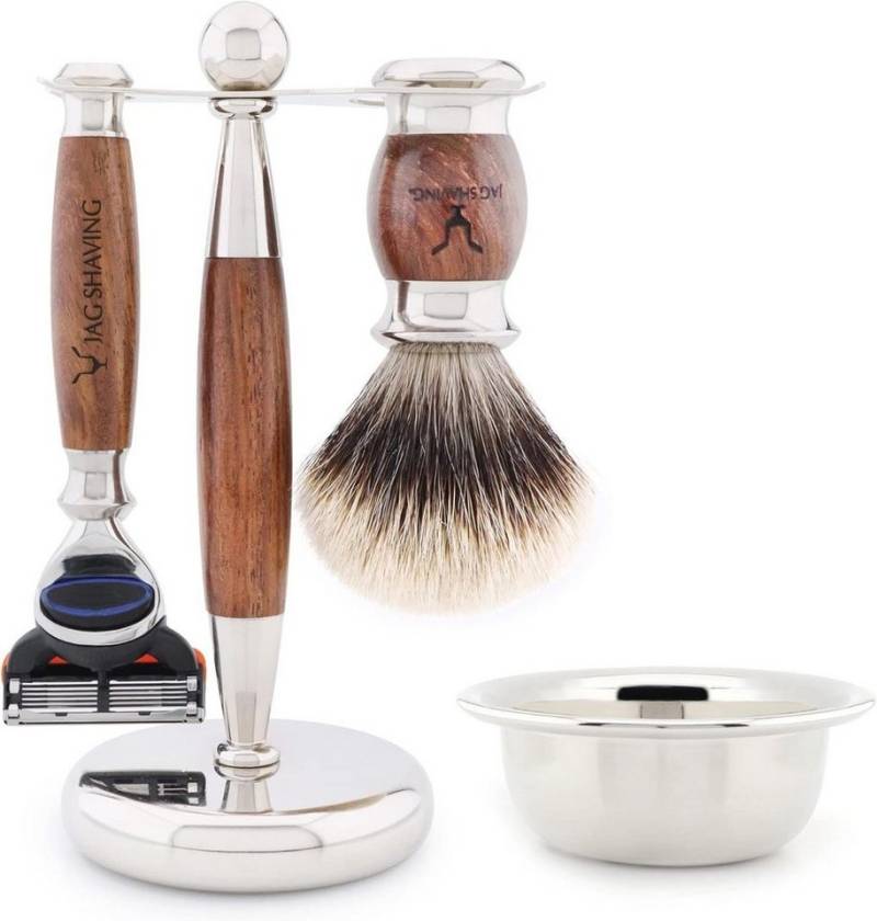 JAG SHAVING Rasierset 4-piece wooden shaving set made of high-quality rosewood material, 4-tlg., inklusive Fusion5 Rasierer, Dachshaarpinsel, Rasierständer, Schale, Holz verchromtes Material, ideal für ein Rasiergeschenkset für Männer von JAG SHAVING