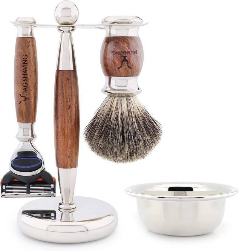 JAG SHAVING Rasierset 4-teiliges edles Rasier- und Pflegeset aus Holz und verchromt, 4-tlg., Gillette Fusion Rasierpinsel aus Kunsthaar mit Doppelhalter, die beste Art, Ihre Lieben zu beschenken von JAG SHAVING