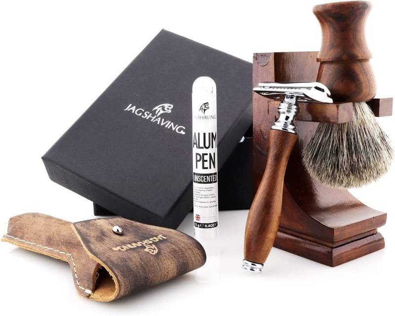 JAG SHAVING Rasierset 5-teiliges Herrenbürstenset im Holz-Vintage-Look, 5-tlg., Rasierset mit weiterem Rasierzubehör für die klassische Rasur., Premium Rasierset im Vintage Look von JAG SHAVING