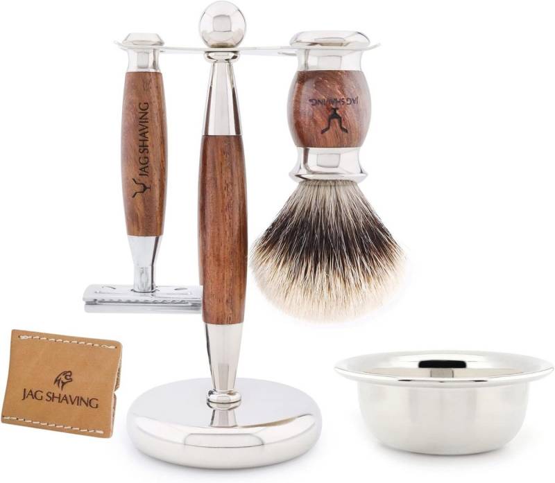 JAG SHAVING Rasierset 5-teiliges Rasierset aus Kunsthaar mit 100 % Silberspitzpinsel, 5-tlg., 1x Ständer 1x Rasierhobel 1x Rasierschale 1x Rasierer-Abdeckung, Holz und verchromtes Material für eine langlebige und elegante Optik von JAG SHAVING