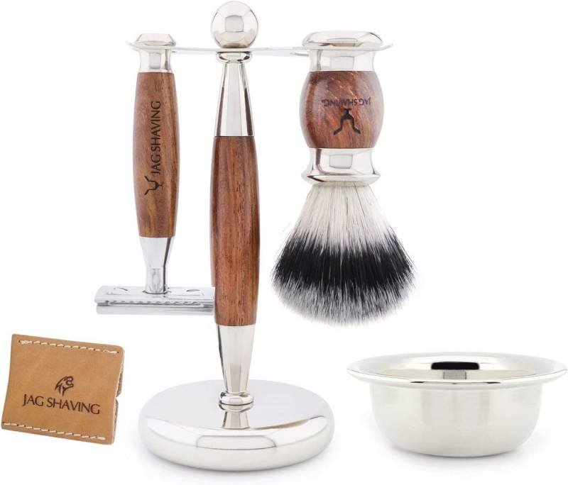 JAG SHAVING Rasierpinsel-Set 5-teiliges Rasierset aus synthetischem Haar mit silberner Spitze, Set, 5 tlg., Rasierset mit zusätzlichem Rasierzubehör für eine klassische Rasur., beste Erfahrung beim manuellen Speichern von JAG SHAVING