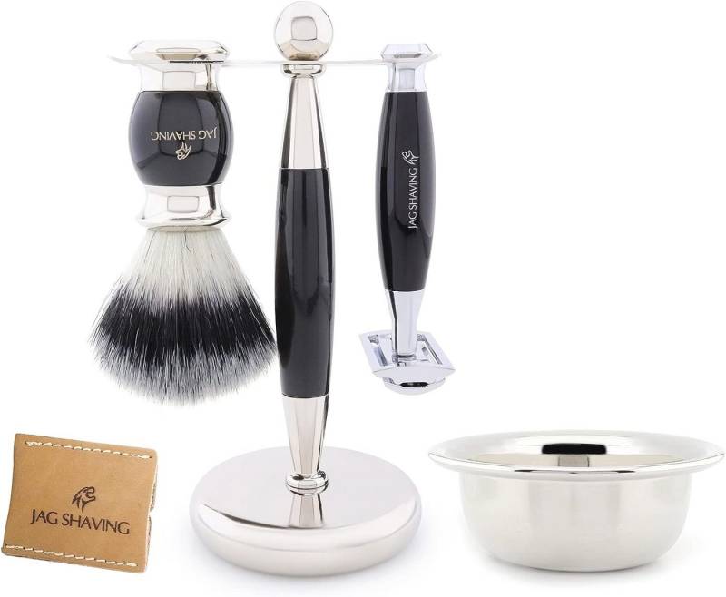 JAG SHAVING Rasierpinsel-Set Synthetikpinsel mit Silberspitze – Rasierhobel, Rasierset, Set, 5 tlg., Rasierset mit zusätzlichem Rasierzubehör für eine klassische Rasur., Für eine optimale Aufbewahrung den Rasierer von Hand aufbewahren. von JAG SHAVING
