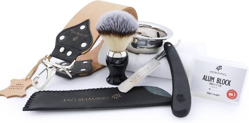 JAG SHAVING Rasierpinsel-Set Barbier-Rasierset mit Lederriemen, Rasierpinsel und Herrenrasierer, Set, 5 tlg., Soligen Rasierset für die traditionelle Nassrasur, Alaunblock & Schale, Für eine optimale Aufbewahrung den Rasierer von Hand aufbewahren. von JAG SHAVING