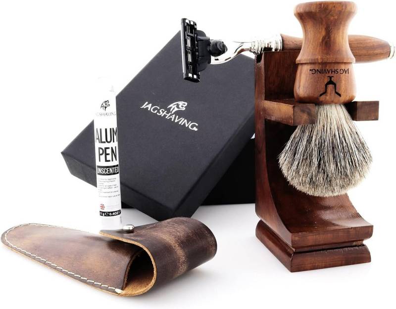 JAG SHAVING Rasierset 5-teiliges Premium- und Private-Holz-Rasierset für Herren, 5-tlg., Gillette Mach3 Rasierer, Haarbürste, Lederetui, Alaun-Stickständer, perfekt für Männer Geschenkset von JAG SHAVING