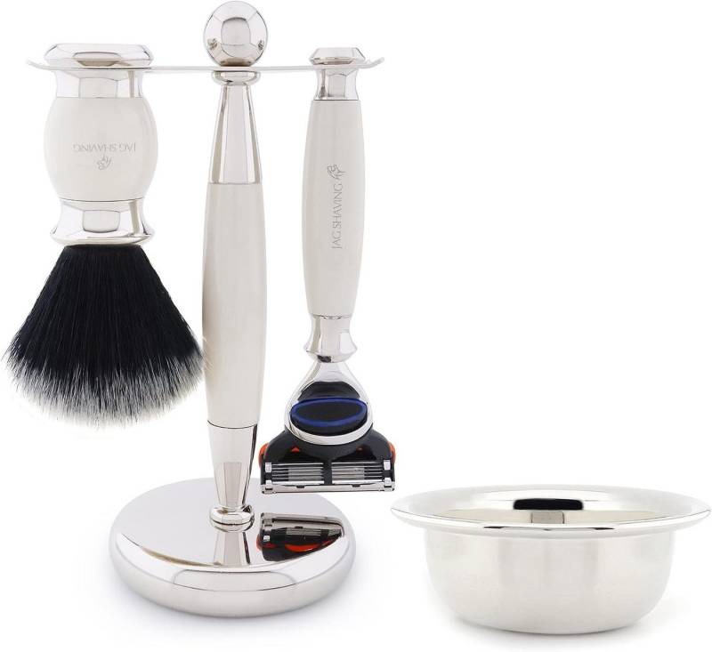 JAG SHAVING Rasierset 4-teiliges Set mit Dual-Stand-Halterung Premium-Design und verstellbar, 4-tlg., Fusion5, schwarze Synthetikbürste, Edelstahlschüssel, Doppelständer, am besten für ein erstklassiges Rasurerlebnis von JAG SHAVING
