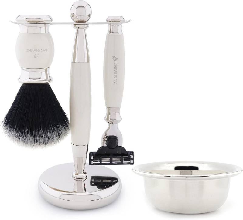 JAG SHAVING Rasierpinsel-Set Schwarzer Synthetik-Rasierpinsel – 3-Klingen-Rasierer, Rasierset, Set, 4 tlg., Rasierset mit zusätzlichem Rasierzubehör für eine klassische Rasur., Für eine optimale Aufbewahrung den Rasierer von Hand aufbewahren. von JAG SHAVING