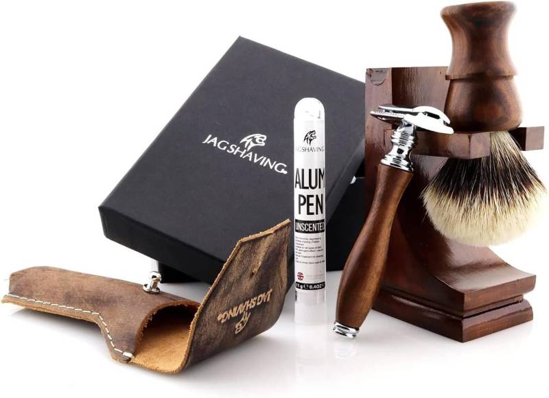 JAG SHAVING Rasierpinsel-Set Silvertip Rasierpinsel aus Kunsthaar DE Safety mit Rasiertasche, 4 tlg. von JAG SHAVING