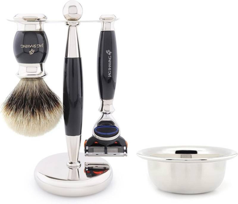 JAG SHAVING Rasierset 4picec Rasierpinsel-Set mit schwarzem, elegantem Luxus, 4-tlg., Fusion5 Rasierer, Silberspitze Rasierpinsel, stand, Rasierschale, perfekt für luxuriöses Geschenkset für Männer von JAG SHAVING