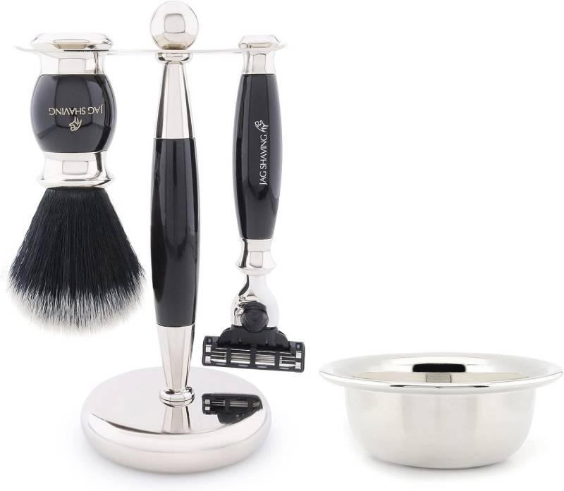 JAG SHAVING Rasierpinsel-Set Rasierpinsel aus Kunsthaar - 3-Klingen-Rasierer, Rasierset, Set, 4 tlg., Rasierset mit zusätzlichem Rasierzubehör für eine klassische Rasur., Für eine optimale Aufbewahrung den Rasierer von Hand aufbewahren. von JAG SHAVING