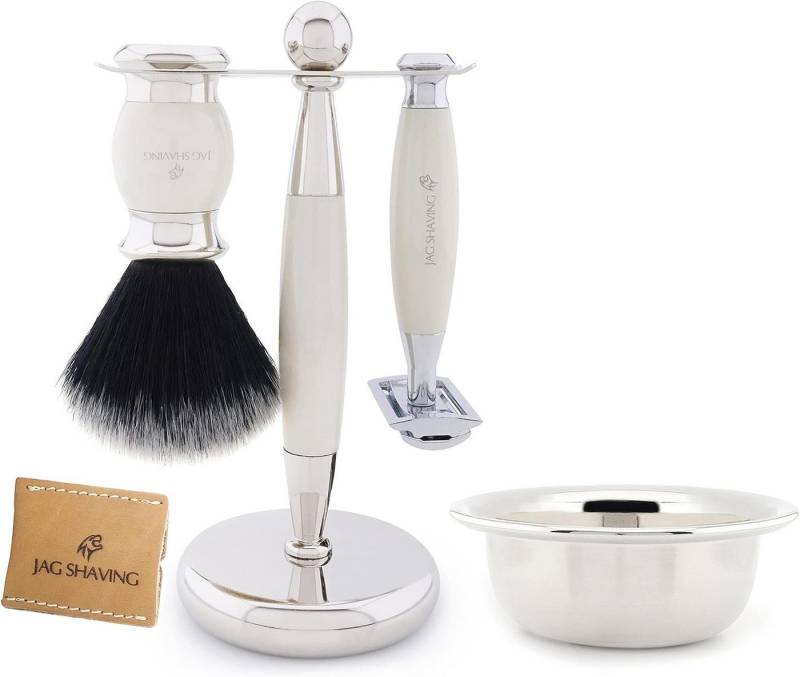 JAG SHAVING Rasierpinsel-Set Herren-Rasierhobel, schwarzer Synthetik-Rasierpinsel, Rasierset 5 pc, Set, 5 tlg., Rasierset mit zusätzlichem Rasierzubehör für eine klassische Rasur., Für eine optimale Aufbewahrung den Rasierer von Hand aufbewahren. von JAG SHAVING