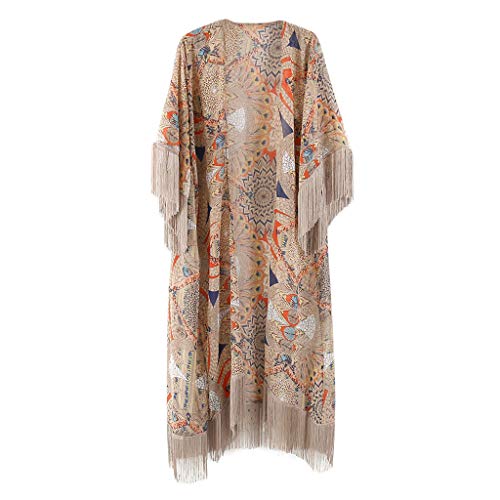 JAGETRADE Damen Sommer Halbarm Chiffon Strickjacke Boho Retro Geometrisch Floral Bedruckte Fransen Quasten Patchwork Bikini Cover Up Knöchellänge Kimono Cape von JAGETRADE
