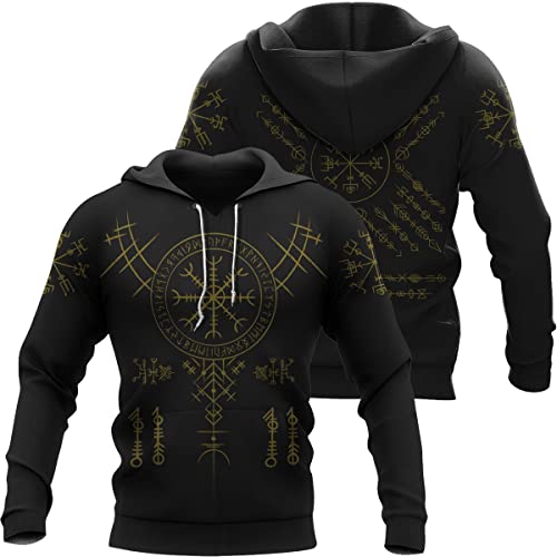 JAGHAWXL Herren Persönlichkeit Klassischer Wikinger Kompass 3D Reißverschluss Digitaldruck Tattoo Neuheit Hoodie Retro Street Pullover Lässig Bequemes Atmungsaktives Sweatshirt,Compass Hoodie,L von JAGHAWXL