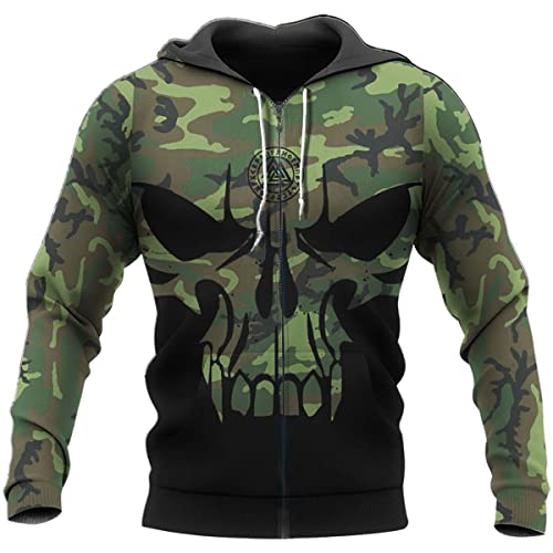 Persönlichkeit Männer Classic Viking Valknut Zip 3D Digitaldruck Tattoo Skull Hoodie Camo Street Sweatshirt Lässiges Komfort-Sweatshirt,Valknut with Zipper,XL von JAGHAWXL