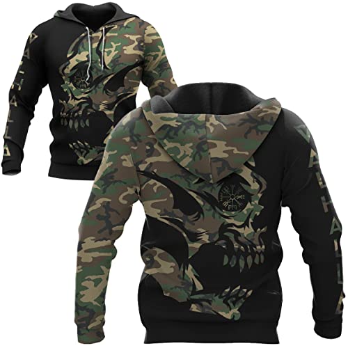 JAGHAWXL Neuheit Herren Classic Viking Compass Fashion Sweatshirt Nordische Mythologie Army Green Camo Ganzkörper 3D Print Pop Skull Pullover Viking Rune Casual Sweatshirt,Without Zipper,L von JAGHAWXL