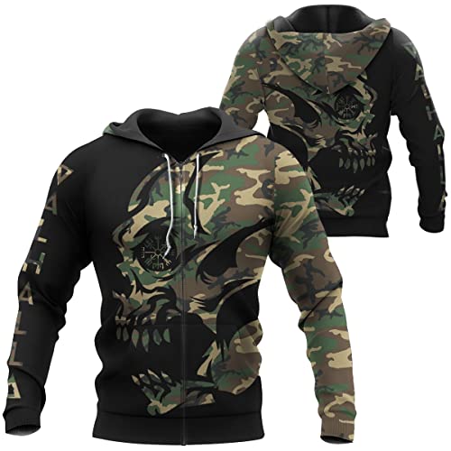 JAGHAWXL Neuheit Herren Classic Viking Compass Fashion Sweatshirt Nordische Mythologie Army Green Camo Ganzkörper 3D Print Pop Skull Pullover Viking Rune Casual Sweatshirt,with Zipper,L von JAGHAWXL