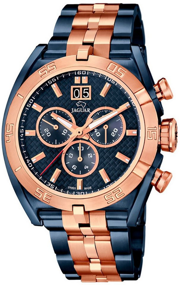 JAGUAR Chronograph Jaguar Herren Uhr J810/1 Edelstahl, (Chronograph), Herren Armbanduhr rund, Edelstahlarmband blau, rosegold, Sport von JAGUAR