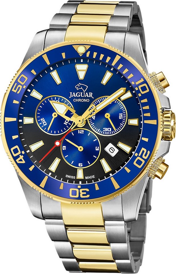JAGUAR Chronograph Jaguar Herrenuhr Edelstahl silber gold, (Chronograph), Herren Armbanduhr rund, Edelstahlarmband silber, gold von JAGUAR