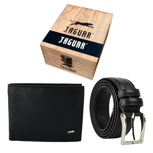 JAGUAR Geschenkset, Geldbörse aus Leder mit RFID und Gürtel 125 cm in Holzbox von JAGUAR