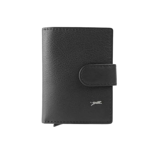 JAGUAR Kompakter Kartenhalter aus Leder mit RFID-Schutz, automatischer Kartenauszug, Schwarz von JAGUAR