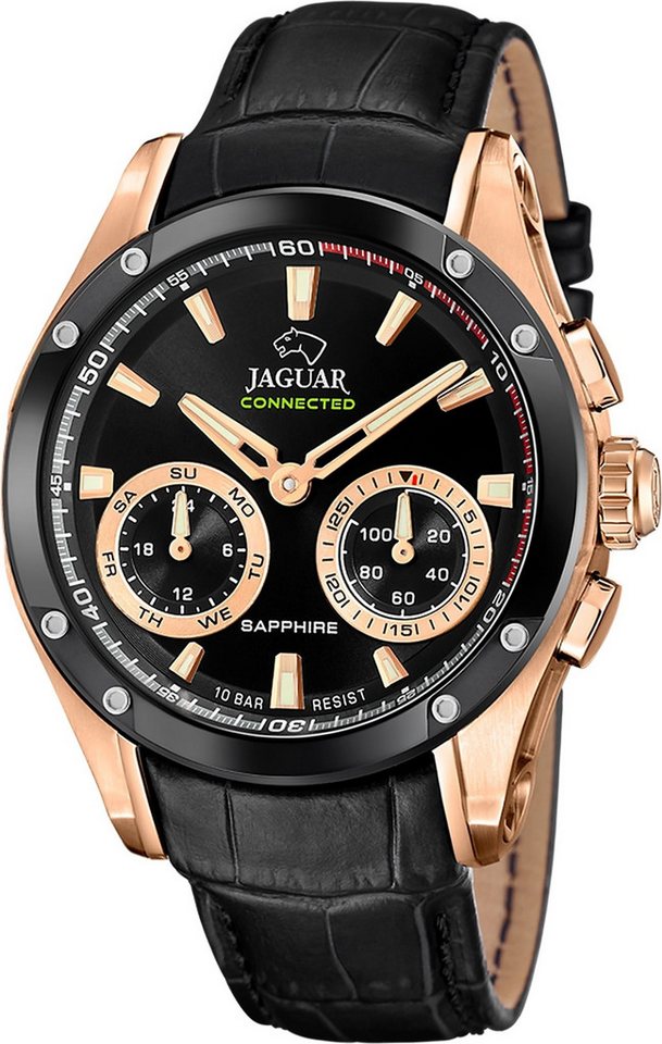 JAGUAR Multifunktionsuhr Jaguar Herrenuhr Leder schwarz Jaguar, (Multifunktionsuhr), Herren Armbanduhr rund, Lederarmband schwarz von JAGUAR