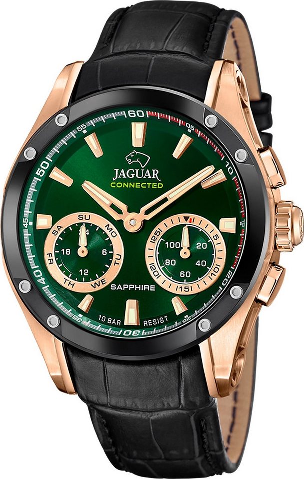 JAGUAR Multifunktionsuhr Jaguar Herrenuhr Leder schwarz Jaguar, (Multifunktionsuhr), Herren Armbanduhr rund, Lederarmband schwarz von JAGUAR