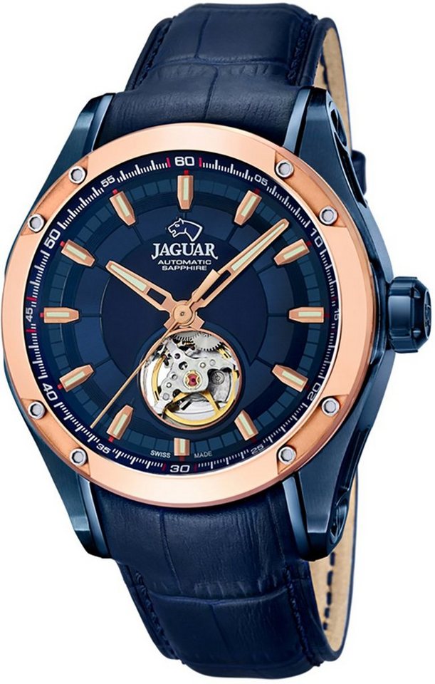 JAGUAR Quarzuhr Jaguar Herren Uhr Automatik J812/A Leder, Herren Armbanduhr rund, Lederarmband blau, Elegant von JAGUAR