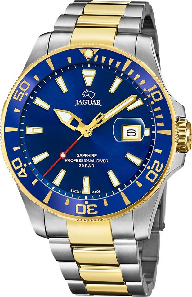 JAGUAR Quarzuhr Jaguar Herrenuhr Edelstahl silber gold, (Analoguhr), Herren Armbanduhr rund, Edelstahlarmband silber, gold von JAGUAR