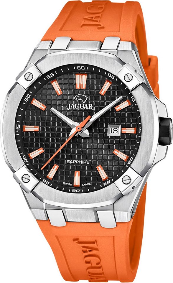 JAGUAR Quarzuhr Jaguar Herrenuhr Silikon orange Jaguar, (Analoguhr), Herren Armbanduhr rund, Silikonarmband orange von JAGUAR