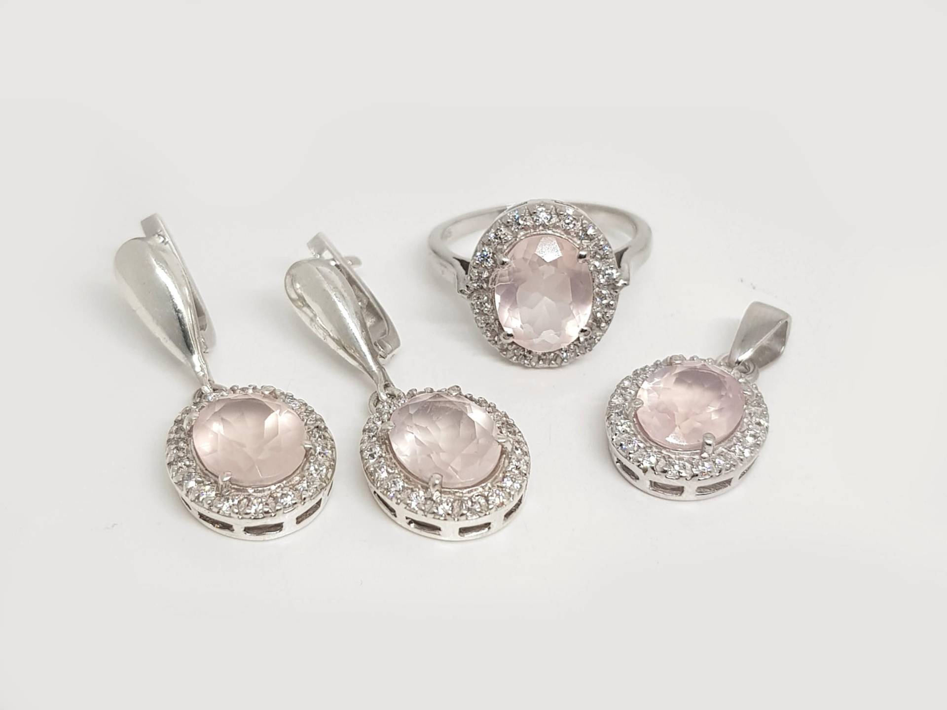 Natürliches Rosenquarz Schmuck Set in 925 Sterling Silber, Silber Ohrringe, Anhänger, Ring Für Frauen, Geschenk von JAGemsJewelry