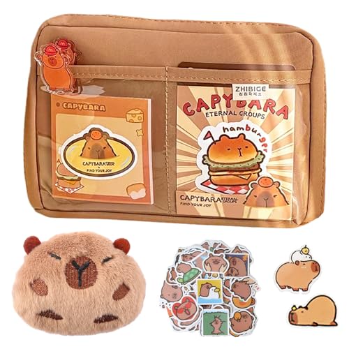 JAHEMU Capybara Federmäppchen, Niedliche Mäppchen, Kinder Schreibwaren Tasche, Große Kapazität Federtasche, Pencil Case Schreibwaren Organizer, mit 1 x Capybara Plüsch, 2 x Brosche, 10 x Aufkleber von JAHEMU