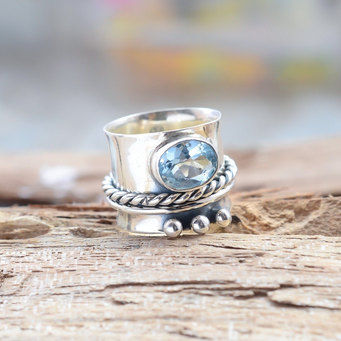 925 Silber Spinner, Blautopas, Meditationsband, Handgemachter Ring, Statement Ring, Weihnachtsgeschenk, Frauen Ring Geschenk Für Sie, Silberringe von JAIPURJEVAR