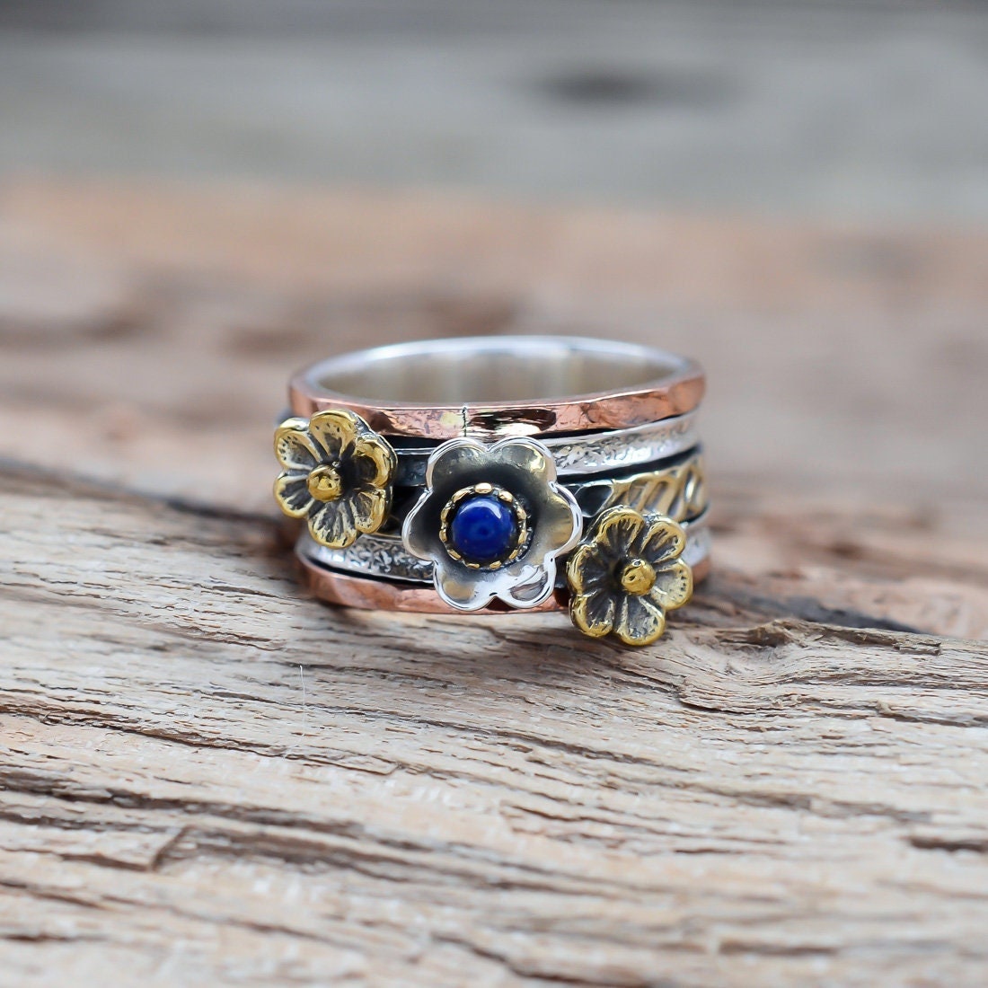 Natürlicher Blauer Lapis, Silber, Messing, Kupfer Ring, 925 Sterling Silber Spinner Ring Für Frauen, Handgemachter Silberring Hochzeit Jahrestag von JAIPURJEVAR