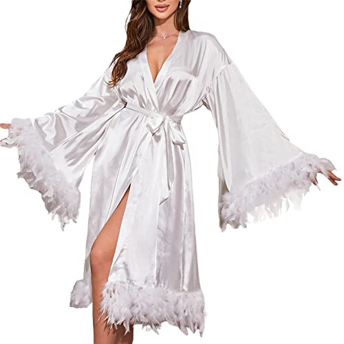 JAKESJANE Damen Feder Fell Braut Langarm Robe Nachtwäsche Satin Dessous Nachthemd Bademantel Hochzeit Seide Satin Brautkleid mit Gürtel, A White, One size von JAKESJANE