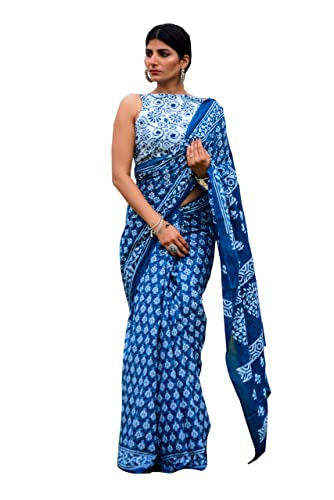 JALTHER Handicrafts Damen Ikat Hand Block Druck Jaipuri Baumwolle Mulmul Saree mit Bluse Stück, Mehrfarbig88, Einheitsgröße von JALTHER