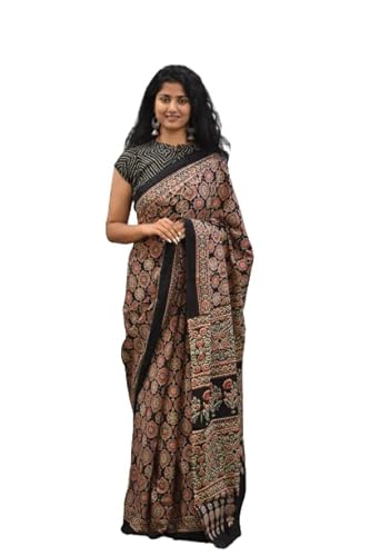 JALTHER Handicrafts Damen Ikat Hand Block Druck Jaipuri Baumwolle Mulmul Saree mit Bluse Stück, Multicolor 3, Einheitsgröße von JALTHER