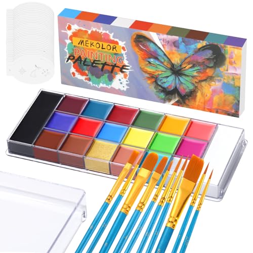 JAMATA Profi Kinderschminke Set 20 Farben,Hypoallergenes Körperfarben Kit mit 32 Schablonen&10 Pinseln,Ideal für Karneval,Halloween & Fasching,Sichere Gesichtsfarbe für Kinder & Erwachsene von JAMATA
