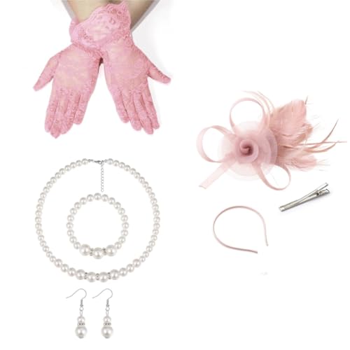 Einzigartiger gefiederter Fascinator, Kopfschmuck, Spitzen-Handschuh-Set für Frauen für Weihnachtsfeiern und Cosplay-Themenfeiern von JAMNGHB