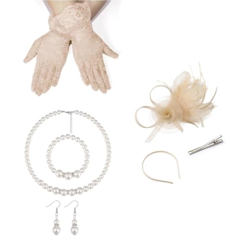 Einzigartiger gefiederter Fascinator, Kopfschmuck, Spitzen-Handschuh-Set für Frauen für Weihnachtsfeiern und Cosplay-Themenfeiern von JAMNGHB