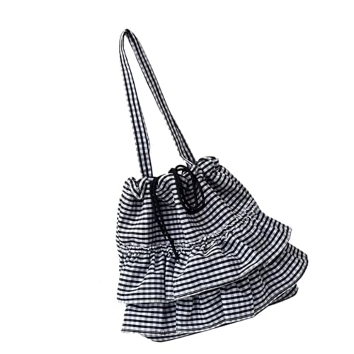 JAMNGHB Auffällige Canvas-Umhängetasche mit Rüschenbesatz im Karo-Design, lässige Unterarmtasche für Modepersonen, Schwarz JAMNGHB Auffällige Canvas-Umhängetasche mit Rüschenbesatz im Karo-Design, lässige Unterarmtasche für Modepersonen, Schwarz von JAMNGHB