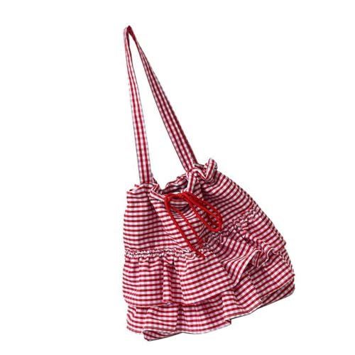 JAMNGHB Auffällige Canvas-Umhängetasche mit Rüschenbesatz im Karo-Design, lässige Unterarmtasche für Modepersonen, rot von JAMNGHB