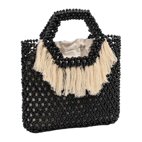 JAMNGHB Damen Handgewebte Holzperlen Tasche Einzigartige gewebte Handtasche für Reisen und Freizeit mit einem Hauch von natürlicher Mode, Schwarz von JAMNGHB