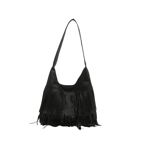 JAMNGHB Damentasche Stilvolle Achselhöhle Pendeln Große Kapazität Schulter Quasten Handtasche Casual Shopping für den Alltag Frauen Stilvolle Schulter Große Kapazität Achsel Retro Pendeln, Schwarz von JAMNGHB