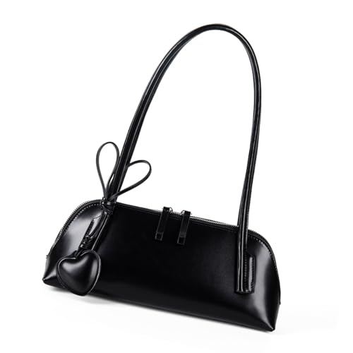 JAMNGHB Kompakte Damen Unterarmtasche mit mehreren Fächern PU Schulter Herz Dekor Casual Handtasche für verschiedene Anlässe Unterarm für Studenten, Schwarz , One Size von JAMNGHB