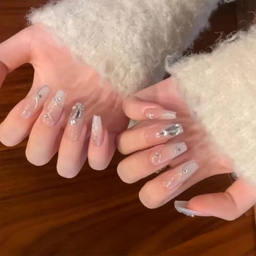 Künstliche Nägel zum Aufdrücken auf Nägel, mit silberfarbenen Wirbeln und glänzendem Finish, französische Spitzen für Frauen und Mädchen, 24 Stück Künstliche Nägel zum Aufdrücken auf Nägel, mit silberfarbenen Wirbeln und glänzendem Finish, französische Spitzen für Frauen und Mädchen, 24 Stück von JAMNGHB