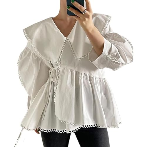 Chic Frau Shirts Frühling Neue Koreanische 2022 Ins Feste Große Revers Nähte Hohl Heraus Spitze Krawatte Taille Unregelmäßigen Saum Top (Farbe : White, Size : One Size) von JAMPOL