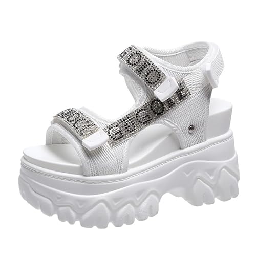 JAMPOL Hohe Plattform Sandalen Frauen Bling Keile High Heels 2022 Sommer Schnalle Kristall Klobigen Alias ​​Strand Hausschuhe Zapatos Mujer 9CM (Farbe : White, Size : 37 EU) von JAMPOL