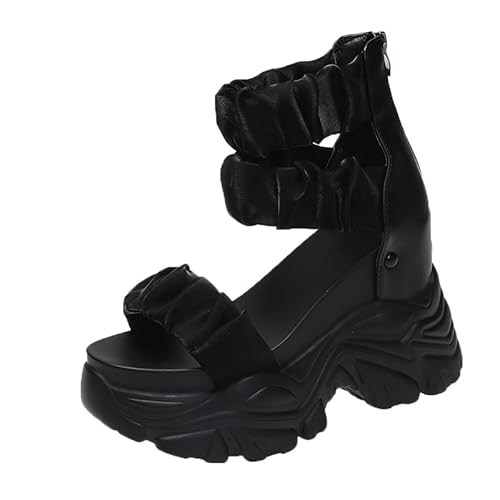JAMPOL Sommersandalen 10 cm Keilabsatz Turnschuhe 2022 Damen Strand Flip Flop Hohe Plattform Freizeitsandalen Atmungsaktive Wanderschuhe (Farbe: Schwarz, Größe: 36) von JAMPOL