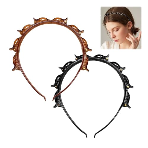 JAMSSOW 2 Stück Haarreif mit Klammern,Haarreifen mit Klammern,Bangs Hairstyle Hairpin,Haarreif mit Clips,Stirnband mit Zahnstirnband Braid Tool, elegantes Stirnband für Frauen und Mädchen von JAMSSOW