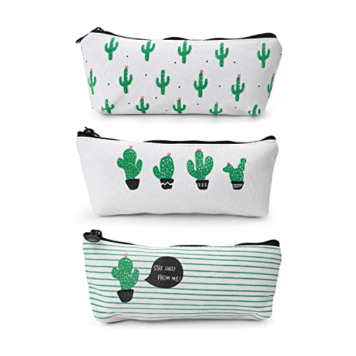 3 Stück Pencil Case Aesthetic, JANDH Grüner Kaktus Federtaschen, Weißes Federmäppchen aus Segeltuch für Schule und Büro von JANDH